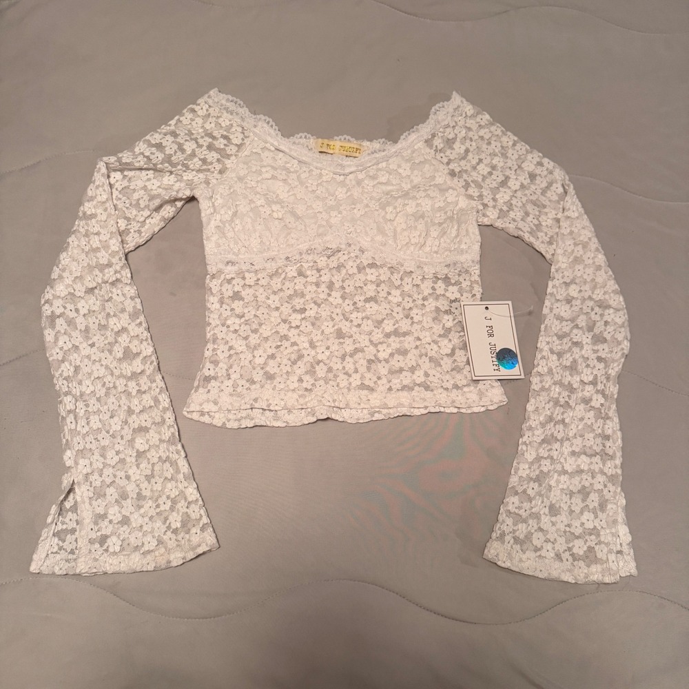 J For Justify White Floral Lace Long Sleeve Crop Top‎ Flared Cuffs Small NEW
